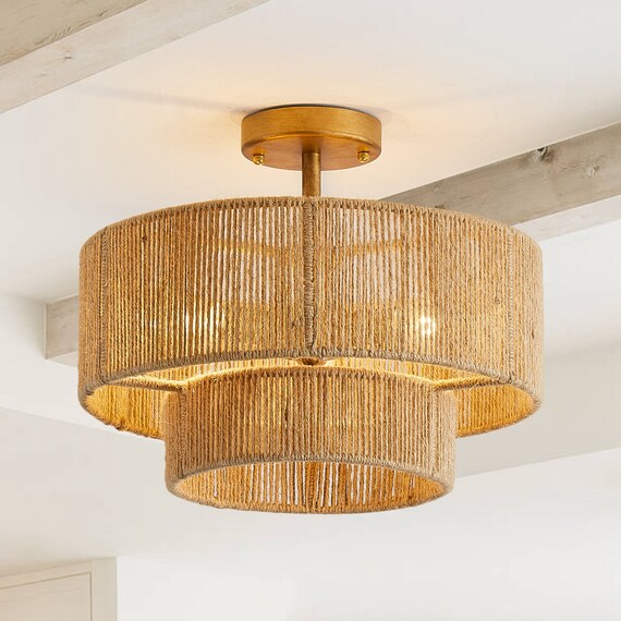 3 light Farmhouse 2 tiered Gold Jute Rope Weaving Semi flush Mount