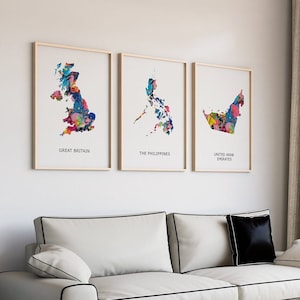 Set von 3 Karten - Drei Länder, Benutzerdefinierte Wand Kunst Karte Drucke, Neues Zuhause Geschenk, Vatertagsgeschenk, Land verlassen Geschenk, digitale Datei