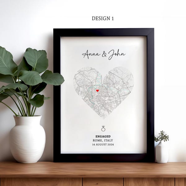 Mapa de compromiso personalizado, regalo personalizado para parejas, póster de compromiso, recuerdo de boda para la pared, regalo de boda digital
