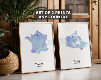 Custom Map Prints Set Of 2, Any Country, Personalised Wall Art, New Home Gift, Moving Gift, Travel Gift, Home Decor Wedding Gift