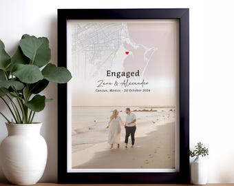 Engagement photo Gift Print, Personalised Engagement Map, Gift For Engaged Couple, Personalised Map Print, Engagement Gift For Her, Engaged