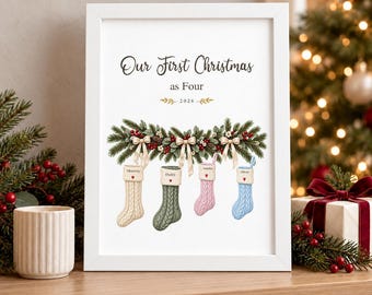 Our First Christmas Print, Personalised Family Stockings, Baby and Twins Keepsake, Custom Names and Year, New Parents Gift