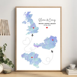 Impression de carte aquarelle - trois pays, art mural de carte personnalisé, cadeau pour une nouvelle maison, cadeau de voyage, décoration de bureau