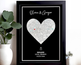 Personalised Couple Map - Engagement Gift, Map Prints Any Location, City Print, Town Map, Love Map Print, Map Gift, Map Prints Poster