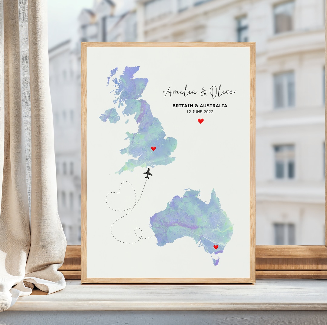 Watercolor Custom Map Print, Two Countries, Personalized Travel Gift ...