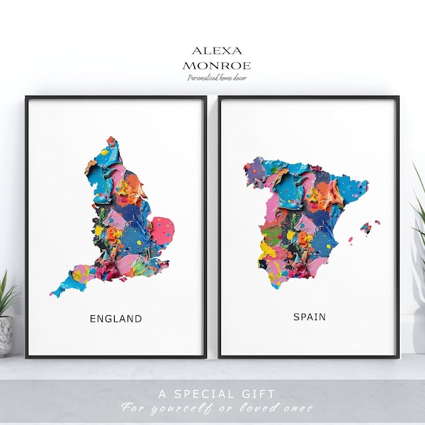 Set of 2 Paint & Texture Effect Maps - Choose Any Two Countries, Custom Map Wall Art Print, New Home Gift, Fathers Day, Digital File