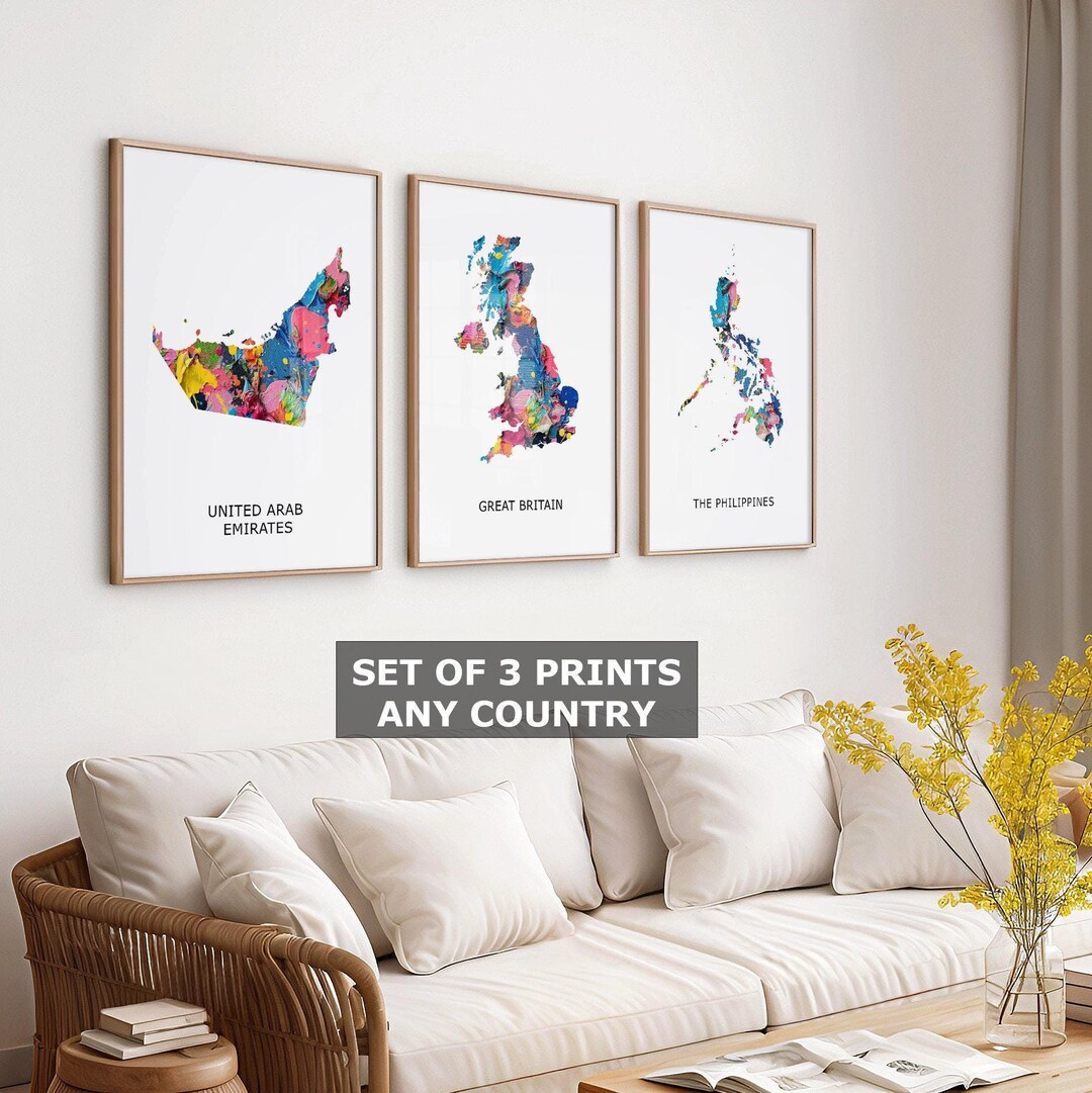 Etsy Color Map Personalised Map Print Set of 3, Any Three Countries, Custom Wall Art ...