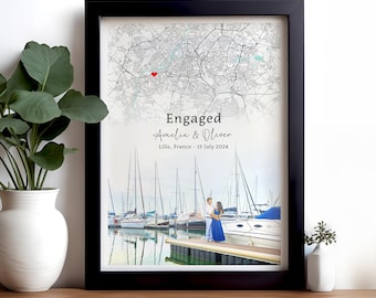 Engagement Image & Map Print, Engagement Print, Gift For Engaged Couple, Personalised Map Print, Engagement Gift For Her, Engagement Poster