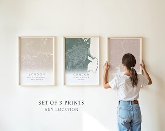 Set of 3 Custom Maps, Any Location, Personalized Wall Map, Personalised City Map Poster, Custom Wall Posters, DIGITAL FILE Wedding Gift