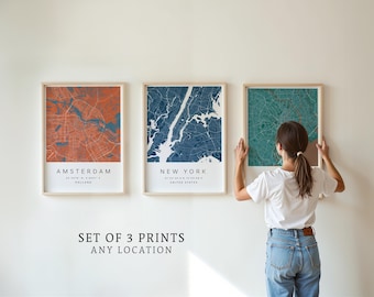 Set of 3 Custom Maps, Any Location, Personalised City Street Map Poster, Gallery Wall Art, Travel Gift, Home Decor Print