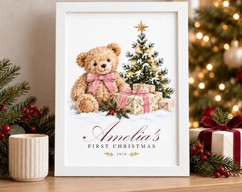 Baby First Christmas Print, Personalised Teddy Bear Keepsake, Custom Baby Name and Year