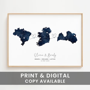 Op de afbeelding: Een afdrukbare kaart met een marineblauwe aquarel achtergrond die de contouren van Brazilië, Ierland en Letland laat zien, verbonden door een lijn met harten. De tekst "Olivia & Brody" staat onder de kaart met de tekst "BRAZIL | IRELAND | LATVIA" en "10 MAY 2024" eronder.