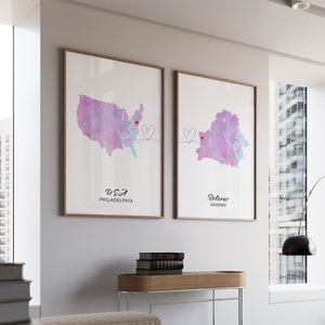 Set van 2 gepersonaliseerde kaarten: twee landen, aangepaste kaartkunst, cadeau nieuw huis, digitale kaartafdruk, provinciekaart kunst aan de muur, DIGITALE KOPIE