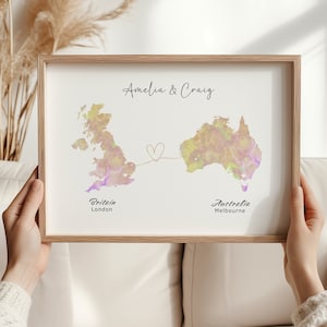 Art mural de carte personnalisée - Deux pays, décoration de carte personnalisée, pays à pays, cadeau de départ, cadeau pour lui, cadeau de voyage, fichier numérique