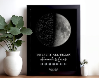 Moon and Stars Map Print, Personalised Moon Phase Poster, Custom Night Sky Constellation Gift, The Night We Met, Birthday or Anniversary