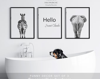 Funny Bathroom Wall Art Set Of 3, Zebra Elephant Animal Prints, Hello Sweet Cheeks, Bathroom Decor, New Home Gift, Digital Download