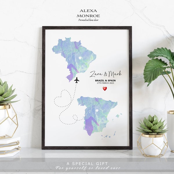 Watercolour Map Print  - Any Two Countries, Custom Map Wall Art, New Home Gift, Travel Gift, Office Decoration