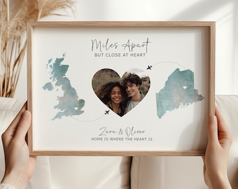 Long Distance Relationship Personalised Photo Gift, Custom Map Art of Miles Apart Close at Heart, Valentines Day Gift