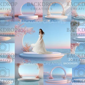 May include: A collection of digital backdrops featuring white platforms, arches, and floral accents set against a serene ocean and sky backdrop. The text "BACKDROP CREATIVES" and "BACKDROPCREATIVES" is visible. A woman in a white dress is featured in one of the backdrops.