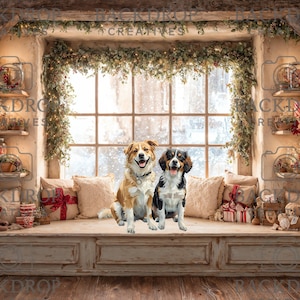 Peut inclure: Un arrière-plan de Noël confortable avec deux chiens assis sur un rebord de fenêtre. La scène comprend une grande fenêtre, des étagères avec des décorations et des cadeaux emballés. Le fond porte le texte "BACKDROP CREATIVES".