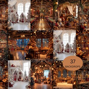 May include: A collection of 9 Christmas-themed studio backdrops. Each backdrop presents a festive scene with fairy lights, Christmas trees, and decorative elements. The backdrops include snowy scenes, toy shops, and festive interiors.