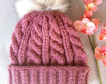 Cable knit beanie Dark Pink, with or without pom pom, winter hat adult size