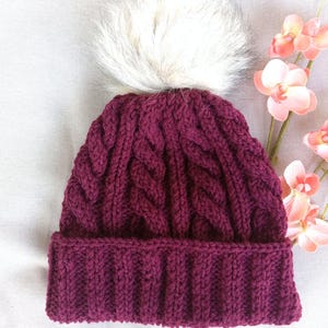 Cable knit beanie Maroon with or without pom pom, winter hat adult size, Knit beanie, knit hat, Knit