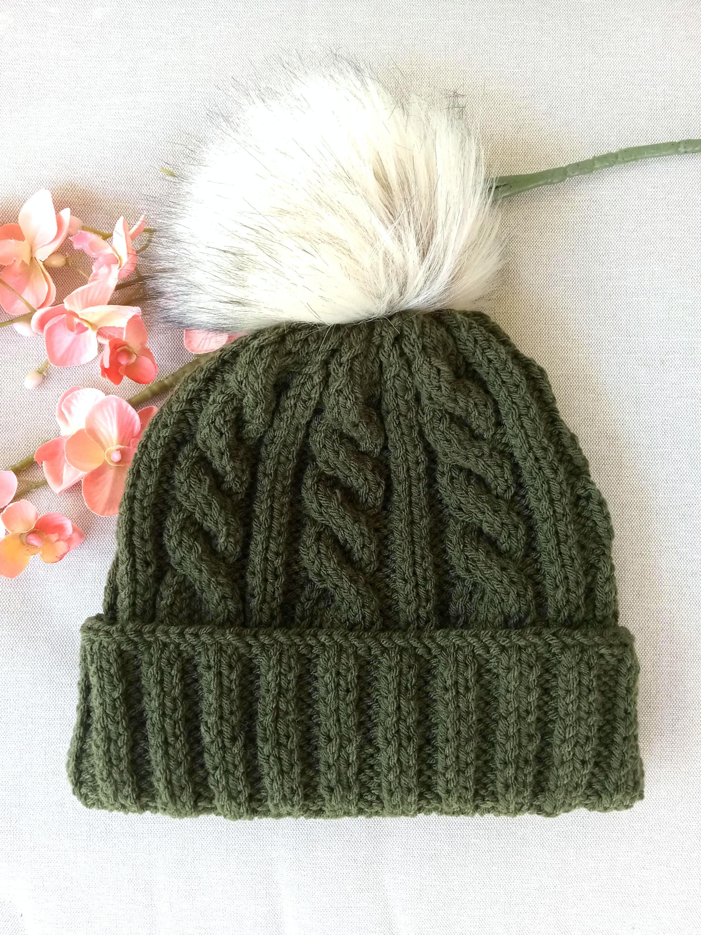 Cable Knit Beanie: Dark Olive Green Winter Hat With Pom Pom  display picture 2