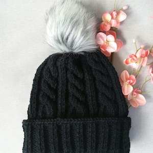 Berretto in maglia a trecce Nero con o senza pompon, cappello invernale taglia adulto