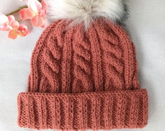 Gorro de punto trenzado, talla adulta, color calabaza, con o sin pompón