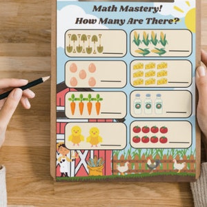 May include: A colorful printable worksheet with farm animals and objects. The worksheet has the title "Math Mastery! How Many Are There?" and asks the user to count the number of objects in each row.