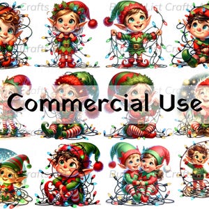 Cheerful Cartoon Elves Tangled in Colorful Lights - Festive Clipart Instant Download High-Resolution PNG - Instant Download - Commercial Use