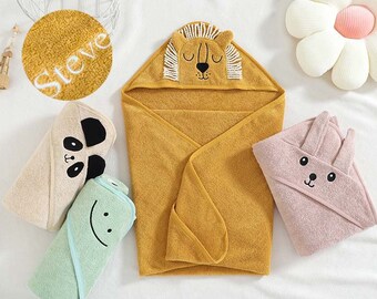 Personalized Hooded Baby Towel with Embroidered Name - Gender Neutral Baby Shower Gift - Animal-themed Cotton Towel for Babies