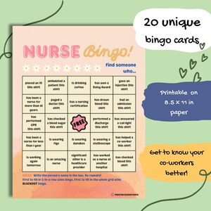 Verpleegkundigenweekspel, afdrukbare menselijke bingo, teamijsbreker, grappen medisch-chirurgische RN, med surg gezondheidszorghumor, icu acute zorg, NCLEX