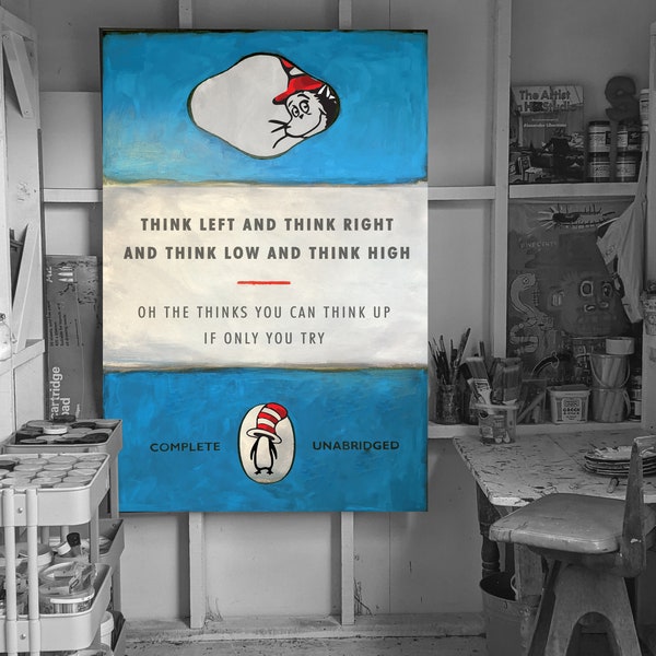 Cat in The Hat Penguin book cover homage, digital print from antiqued acrylic paint on canvas