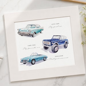 Può includere: Una stampa artistica con passe-partout bianco che presenta tre illustrazioni ad acquerello di veicoli d'epoca. L'auto in alto è una berlina color ottanio etichettata 1975-1985 My first car. Il SUV blu è etichettato 1985-1996 My favorite one. La decappottabile color ottanio è etichettata 2002-2008 Most good memories.