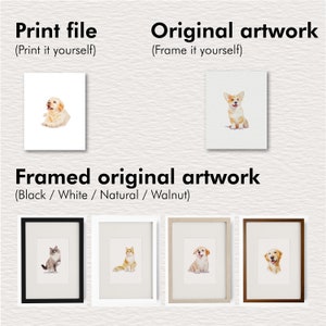 May include: A digital display showing print file options with a golden retriever puppy, original artwork with a corgi, and framed original artwork in black, white, natural, and walnut frames featuring a cat, orange cat, puppy, and golden retriever.