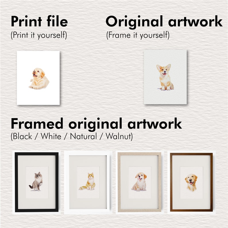 May include: A digital display showing print file options with a golden retriever puppy, original artwork with a corgi, and framed original artwork in black, white, natural, and walnut frames featuring a cat, orange cat, puppy, and golden retriever.