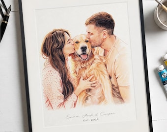 Custom Couple and Pet Portrait from Photo, Personalized Dog Cat Family Portrait, Anniversary Gift for Couple, Wedding Gift for Pet Lovers