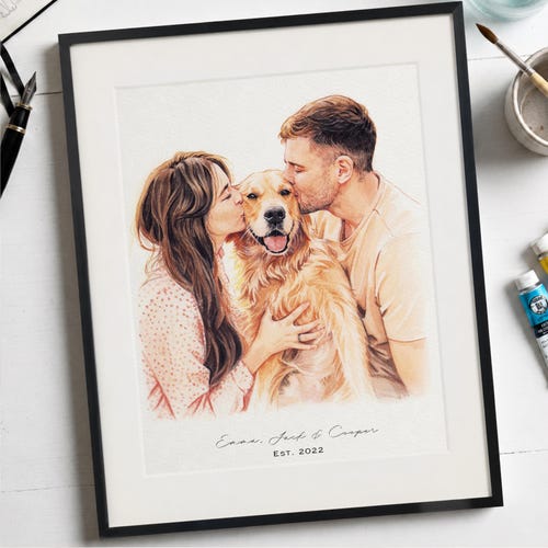Retrato personalizado de pareja y mascota a partir de una foto, retrato familiar personalizado de perro y gato, regalo de aniversario para parejas, regalo de boda para amantes de las mascotas.