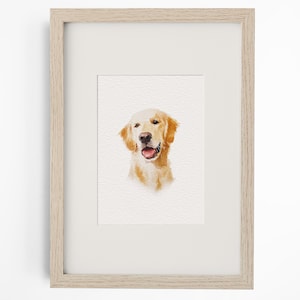Puede incluir: Una pintura a la acuarela de la cabeza y el cuello de un golden retriever, con pelaje marr&oacute;n dorado, nariz oscura y boca abierta con lengua rosada, exhibida dentro de un marco de madera clara con un borde de paspart&uacute; blanco.