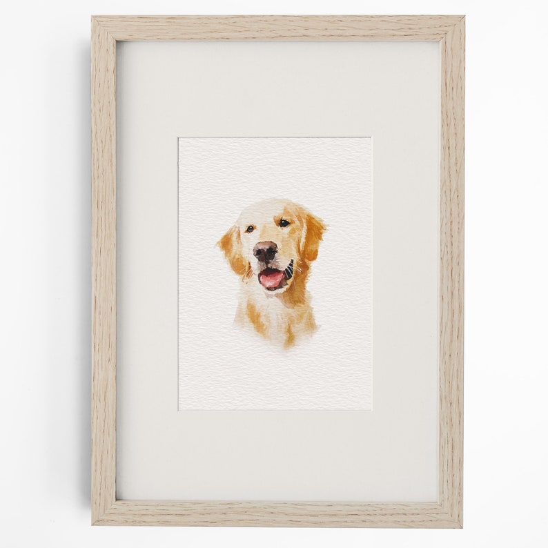Puede incluir: Una pintura a la acuarela de la cabeza y el cuello de un golden retriever, con pelaje marr&oacute;n dorado, nariz oscura y boca abierta con lengua rosada, exhibida dentro de un marco de madera clara con un borde de paspart&uacute; blanco.