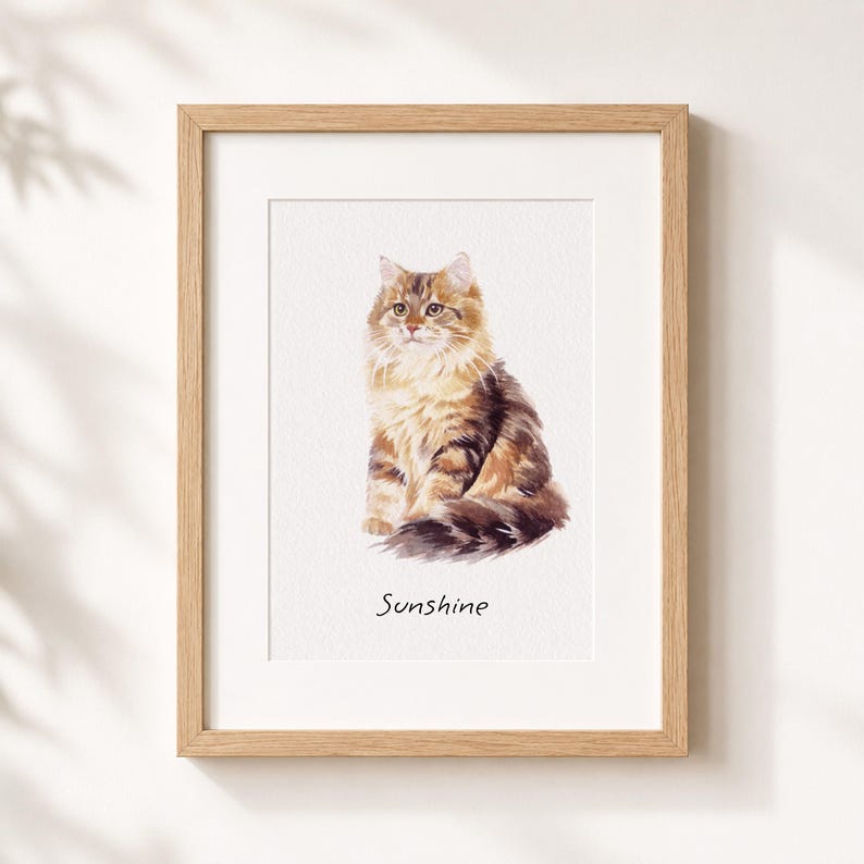 Puede incluir: Una l&aacute;mina de acuarela enmarcada que muestra a un gato atigrado de color marr&oacute;n y bronceado con pelaje esponjoso sentado erguido. El gato tiene pelo largo, orejas puntiagudas y una mirada enfocada. Debajo, la palabra Sunshine est&aacute; escrita en negro.