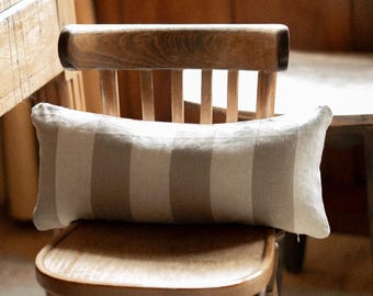 Organic Linen Lumbar Pillow Cover | Beige Striped Throw Cushion, 10x22