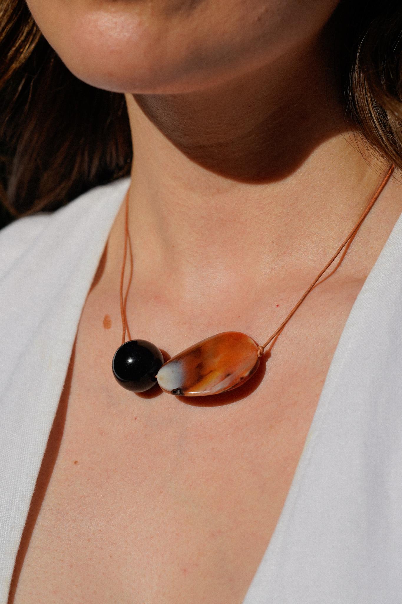 Handmade Black Onyx Choker Necklace | Olive Green Leather Cord with Silver Clasp | Minimalist LA-Made Jewelry | Unique Gift for Mom V5