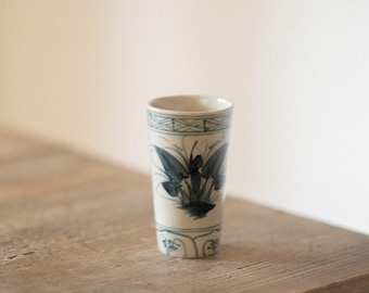 Set of 4 Antique Hand-Painted Porcelain Tall Cups – Indigo Blue Butterfly & Flower Design