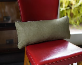 Antique Two-Sided Olive Green Velvet & Textured Lumbar Pillow 10×22