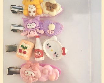 Decoden Cream Hair Clips, Sanrio Inspired Charms, Pack of Four
