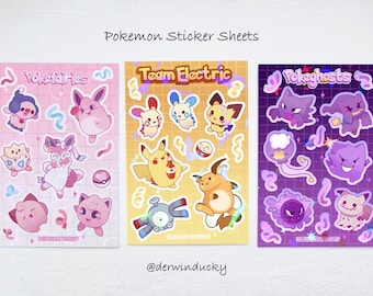 Poke Sticker Sheets | holographic deco stickers | ghost, fairy and electric type mons