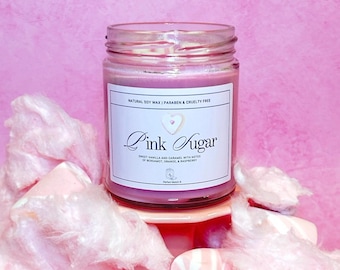 Pink Sugar Scented Aesthetic Candle | 11.5 oz Soy Paraben Free | Cotton Candy, Sweets, Sugar Rush Gift, Perfume, Bergamot Fragrance for Her